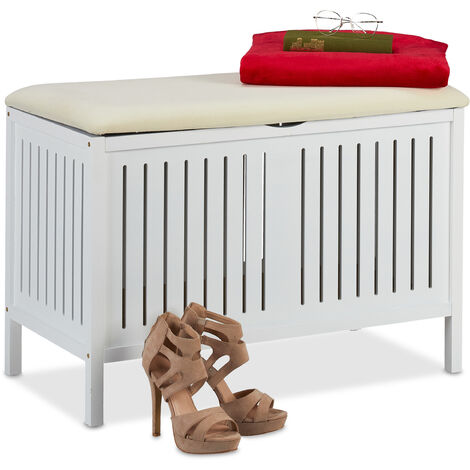 Relaxdays Bench with Storage, Padded, 80 l Compartment, Country Style, Wood, Chest HxWxD: 56 x 78 x 39 cm, White