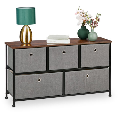 Relaxdays Chest of Drawers, 5 Compartments, Industrial Look, Fabric & Steel  Dresser, HWD, 54.5 x 100 x 30 cm, Grey/Brown