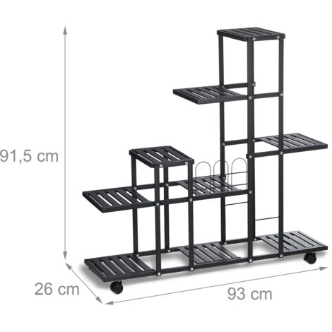 Relaxdays Plant Stand, 9 Shelves, on Wheels, HxWxD: 91.5 x 93 x 26 cm, Metal, Decorative Indoor Flower Display, Black