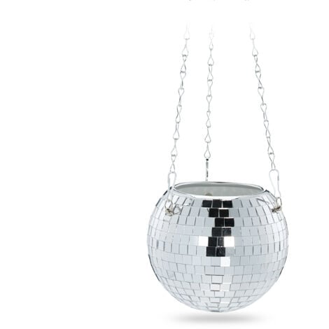 Relaxdays Disco Ball Plant Pot, Hanging Flowerpot, with Stand, Glass, H x Ø: 13 x 15 cm, Suspension Planter, Silver