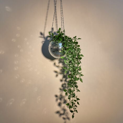 Relaxdays Disco Ball Plant Pot, Hanging Flowerpot, with Stand, Glass, H x Ø: 13 x 15 cm, Suspension Planter, Silver
