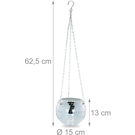 Relaxdays Disco Ball Plant Pot, Hanging Flowerpot, with Stand, Glass, H x Ø: 13 x 15 cm, Suspension Planter, Silver