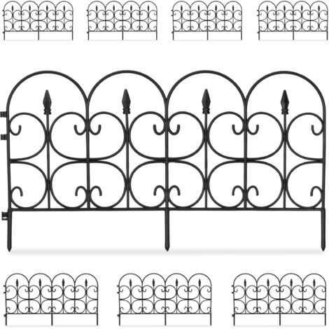Relaxdays Set of 8 Garden Edging, HWD: 38 x 68 x 1 cm each, Decorative Flowerbed Fence, Push-In, Antique, Plastic, Black