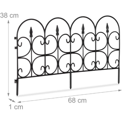 Relaxdays Set of 8 Garden Edging, HWD: 38 x 68 x 1 cm each, Decorative Flowerbed Fence, Push-In, Antique, Plastic, Black