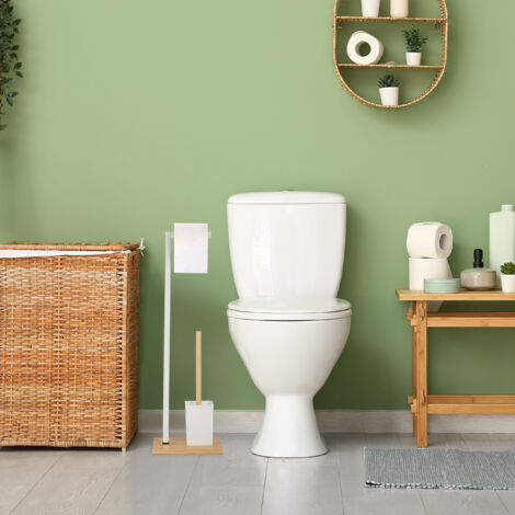 Relaxdays WC Set, Bamboo, Stainless Steel, Free-Standing, 2 Spare Heads Toilet Roll Brush Holder Black 66.5 X 16 X 11 Cm Medium 1669392326