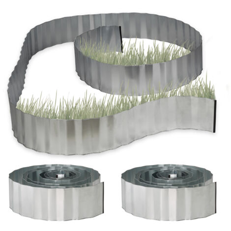 Relaxdays Lawn Edging, Set of 3, each 5 m x 16 cm, Garden Border for Flowerbeds & more, Flexible Galvanised Iron, Silver