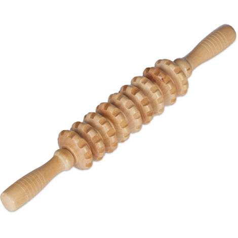 Relaxdays Massager, Set of 2, Wooden, Roller with 2 Handles, Manual Massage Tool for Back, Neck, Arms & Legs, Natural
