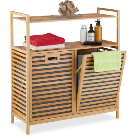 Relaxdays Laundry Basket with Shelves, 2 Tiltable Bins, 40 Litres each, Bamboo, Fabric, HxWxD: 95 x 88 x 33 cm, Natural