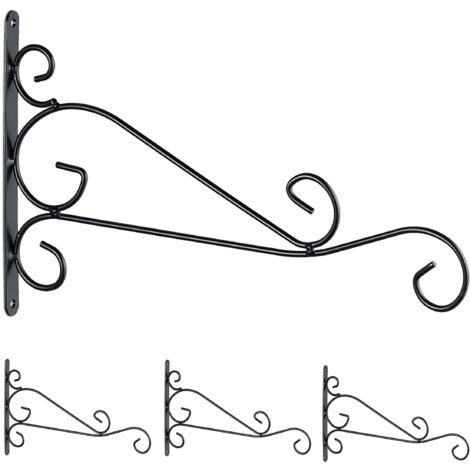 Relaxdays Hanging Basket Holder, Set of 4, HxWxD: 19 x 32 x 1.5 cm, Decoration for Outdoors, Iron, Flowerpot Hook, Black