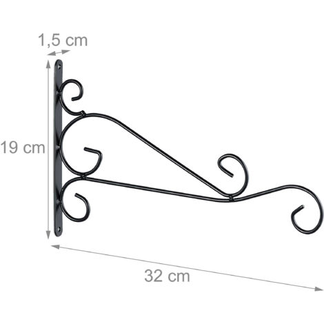 Relaxdays Hanging Basket Holder, Set of 4, HxWxD: 19 x 32 x 1.5 cm, Decoration for Outdoors, Iron, Flowerpot Hook, Black