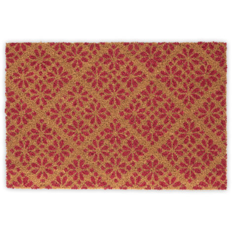 Relaxdays Coconut Doormat, Non-Slip, Floral Pattern, Indoor & Outdoor, Dirt Trap, HWD: 1.5 x 60 x 40 cm, Natural/Red