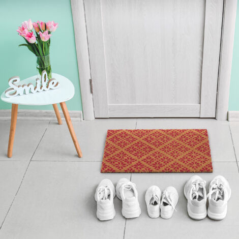 Relaxdays Coconut Doormat, Non-Slip, Floral Pattern, Indoor & Outdoor, Dirt Trap, HWD: 1.5 x 60 x 40 cm, Natural/Red