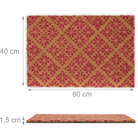 Relaxdays Coconut Doormat, Non-Slip, Floral Pattern, Indoor & Outdoor, Dirt Trap, HWD: 1.5 x 60 x 40 cm, Natural/Red