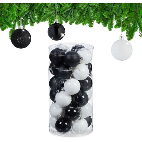 Relaxdays 30x Christmas Bauble Glittery, Matt & Shiny Ornaments, Plastic Xmas Tree Balls, HxD: 7 x 6 cm, Black/White