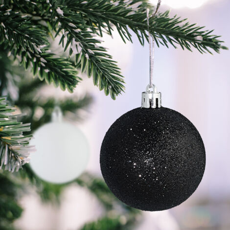 Relaxdays 30x Christmas Bauble Glittery, Matt & Shiny Ornaments, Plastic Xmas Tree Balls, HxD: 7 x 6 cm, Black/White