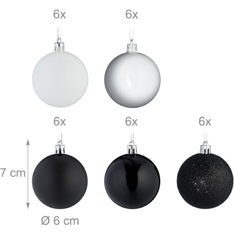Relaxdays 30x Christmas Bauble Glittery, Matt & Shiny Ornaments, Plastic Xmas Tree Balls, HxD: 7 x 6 cm, Black/White