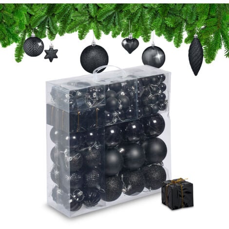 Relaxdays Christmas Bauble Set of 110, Glittery, Matt & Shiny Ornaments, Plastic Xmas Tree Balls, HxD: 9 x 8 cm, Black