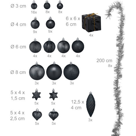 Relaxdays Christmas Bauble Set of 110, Glittery, Matt & Shiny Ornaments, Plastic Xmas Tree Balls, HxD: 9 x 8 cm, Black