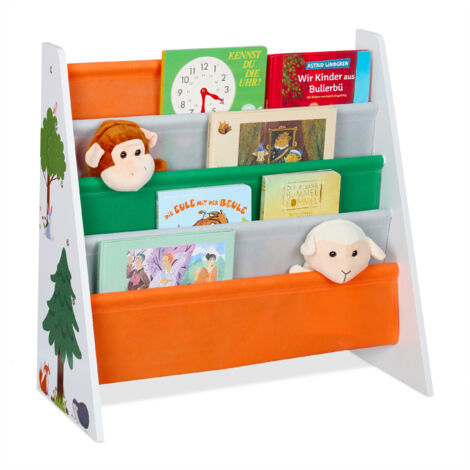 Relaxdays Children's Bookshelf, HWD: 60 x 62.5 x 28 cm, 4 Fabric Shelves, Forest Animals Design, Books Storage Colourful (1/5)