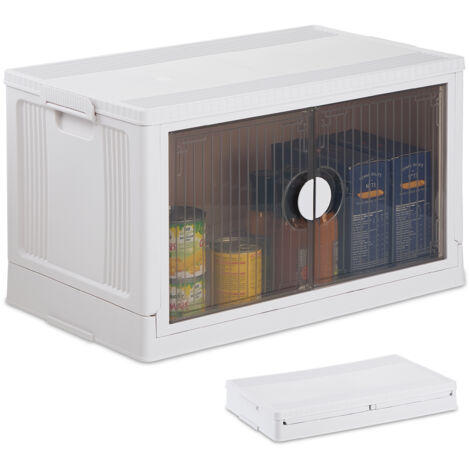 Relaxdays Storage Box, Stackable, 74L, Lid & Front Doors, Clothes, Toys, Plastic Container, 34 x 60.5 x 36 cm, White