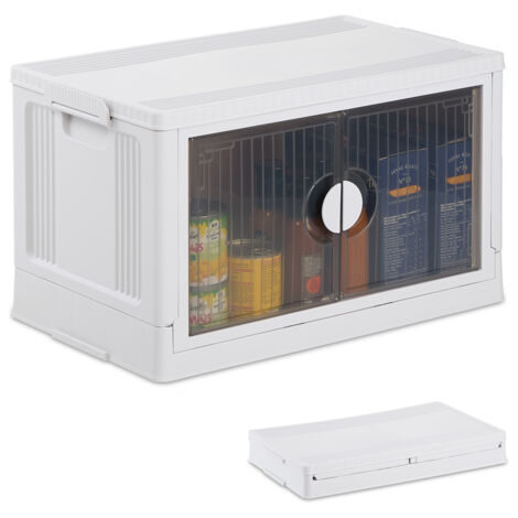 Relaxdays Storage Box, Stackable, 50L, Lid & Front Doors, Clothes, Toys, Plastic Container, 30.5 x 53 x 32 cm, White