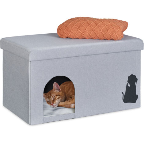 Relaxdays Foldable Cat Cave, 100kg Capacity Bench, Lid, Seat Cushion, HWD: 40.5 x 72 x 40.5 cm, Foldable Pet Den, Grey