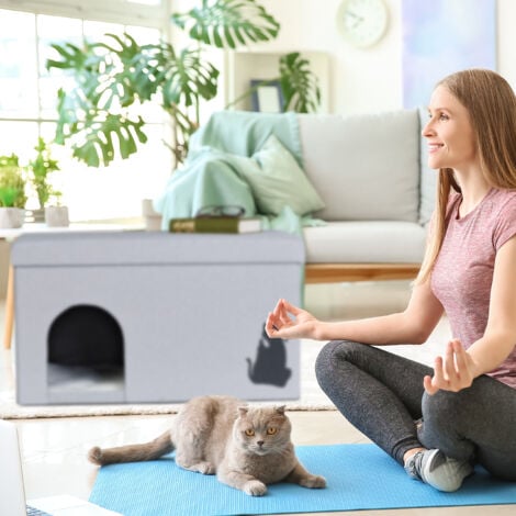 Relaxdays Foldable Cat Cave, 100kg Capacity Bench, Lid, Seat Cushion, HWD: 40.5 x 72 x 40.5 cm, Foldable Pet Den, Grey
