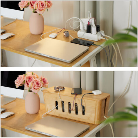 Relaxdays Cable Box, for 2 Socket Strips, Bamboo, HWD: 16.5 x 44 x 16 cm, Hide & Organise Cables, Computer Box, Natural