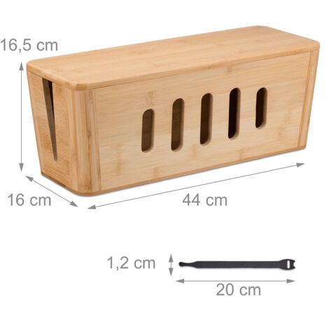 Relaxdays Cable Box, for 2 Socket Strips, Bamboo, HWD: 16.5 x 44 x 16 cm, Hide & Organise Cables, Computer Box, Natural
