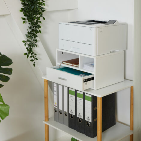 Relaxdays Printer Stand With Drawer And 2 Compartments, Desk Shelf For Printer, Printer Holder, HBT 22 X 40 X 30 Cm, White