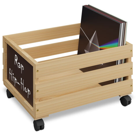 Relaxdays Record Crate, Bamboo, with Wheels, Holds 50-80 LPs, HWD: 27 x 43 x 34 cm, Vinyl Storage Box, Natural/Black