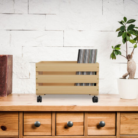 Relaxdays Record Crate, Bamboo, with Wheels, Holds 50-80 LPs, HWD: 27 x 43 x 34 cm, Vinyl Storage Box, Natural/Black