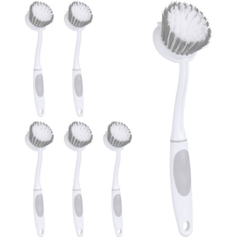 Relaxdays Dishwashing Brush, Set of 6, Medium-Hard Bristles, Rubber Handle, Plastic Kitchen Scrubber, Hang, White/Grey