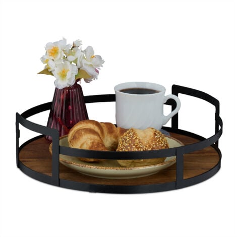 Relaxdays Round Serving Tray, Wood & Iron, 8.5x30.5 cm, for Drinks & Snacks, Handles, High Edge, Decorative, Brown/Black
