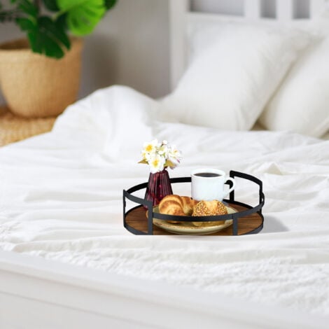 Relaxdays Round Serving Tray, Wood & Iron, 8.5x30.5 cm, for Drinks & Snacks, Handles, High Edge, Decorative, Brown/Black