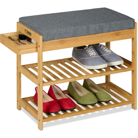 Relaxdays Shoe Bench, Footwear Rack, Padded Seat with Drawer, 2 Tiers, 49 x 55 x 30 cm, Bamboo & Linen, Natural/Grey (1/5)