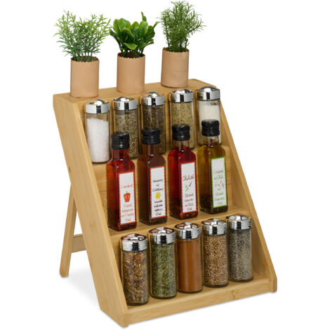 Relaxdays Bamboo Spice Rack HxWxD 29.5 x 30 x 26 cm 3 Tiers Free Standing Organiser Wooden Herb Storage Natural