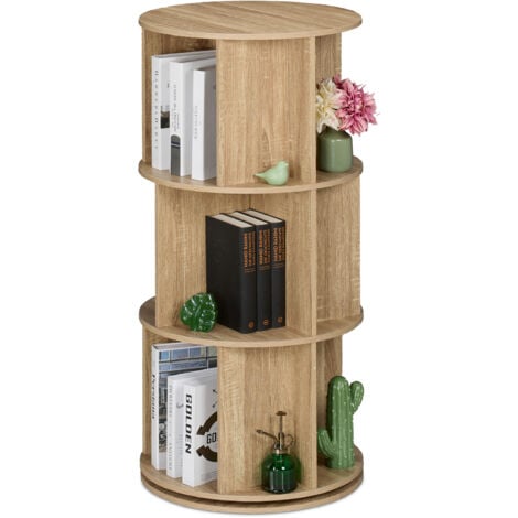 Relaxdays Rotating Bookcase, 15 Compartments, HxD: 104x50 cm, Wood Effect, Shelf for Books & DVDs, Round Design, Natural