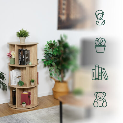 Relaxdays Rotating Bookcase, 15 Compartments, HxD: 104x50 cm, Wood Effect, Shelf for Books & DVDs, Round Design, Natural