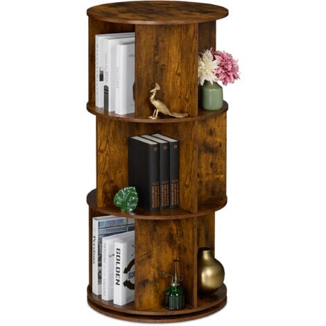 Relaxdays Rotating Bookcase, 15 Compartments, HxD: 104x50 cm, Wood Effect, Shelf for Books & DVDs, Round Design, Brown