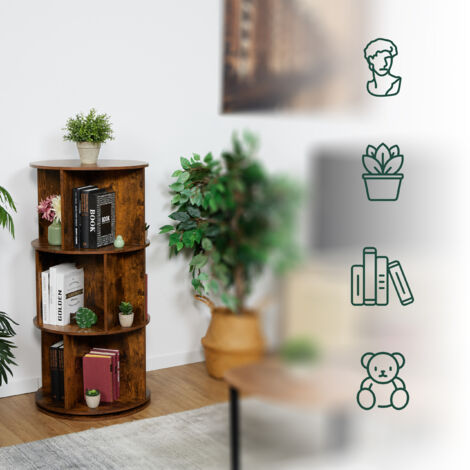 Relaxdays Rotating Bookcase, 15 Compartments, HxD: 104x50 cm, Wood Effect, Shelf for Books & DVDs, Round Design, Brown