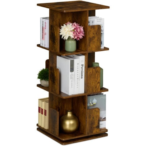 Relaxdays Rotating Bookcase, 360-Degree Swivel, 3 Tiers, 95x39x39 cm Shelves for Books & CDs, Industrial Design, Brown