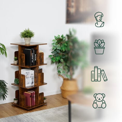 Relaxdays Rotating Bookcase, 360-Degree Swivel, 3 Tiers, 95x39x39 cm Shelves for Books & CDs, Industrial Design, Brown