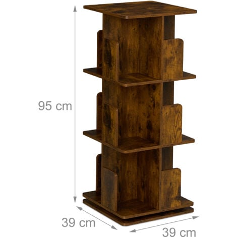 Relaxdays Rotating Bookcase, 360-Degree Swivel, 3 Tiers, 95x39x39 cm Shelves for Books & CDs, Industrial Design, Brown