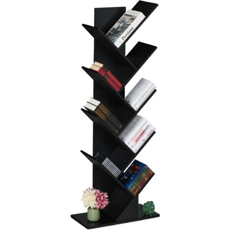 Relaxdays Tree Bookshelf, 9-Tier Bookcase, HWD: 138 x 51 x 25 cm, Storage for Books & CDs, Free-Standing Shelves, Black (1/5)