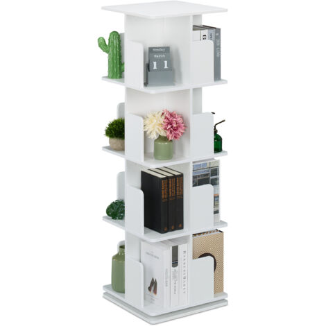 Relaxdays Rotating Bookcase, 360-Degree Swivel, 4-Tier Bookshelf, HWD: 125.5 x 39 x 39 cm, Living Room Storage, White