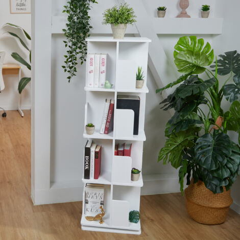 Relaxdays Rotating Bookcase, 360-Degree Swivel, 4-Tier Bookshelf, HWD: 125.5 x 39 x 39 cm, Living Room Storage, White