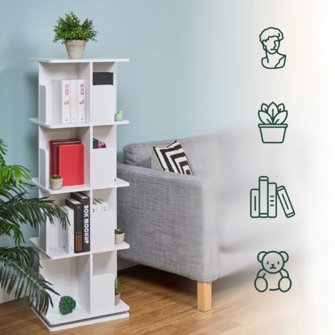 Relaxdays Rotating Bookcase, 360-Degree Swivel, 4-Tier Bookshelf, HWD: 125.5 x 39 x 39 cm, Living Room Storage, White