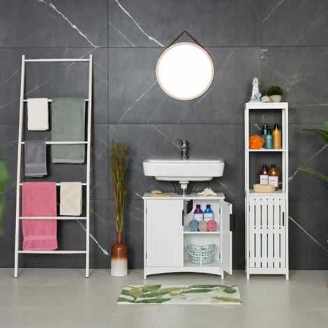 Relaxdays Under Sink Cabinet, 2 Doors, HWD: 60 x 60 x 30 cm, MDF, Bathroom Storage Unit, Washbasin Cupboard, White