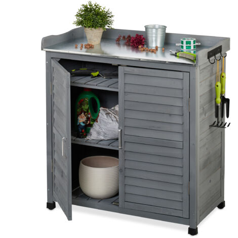 Relaxdays Potting Bench with Cupboard, 3 Hooks, Wood, Pewter Top, 92x90x45 cm, Garden Planting & Germination Table, Grey